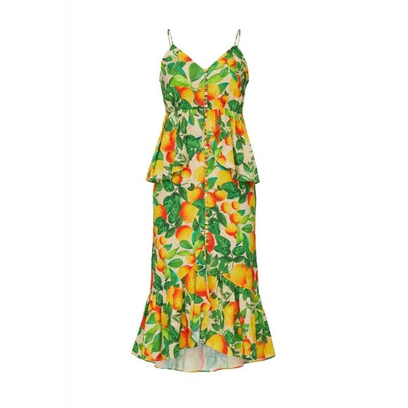 FARM RIO Orange Sands Citrus Print Midi Dress Orange Fruit Novelty Eyelet Linen - Picture 5 of 12